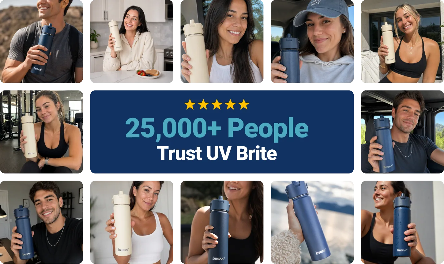 A grid of 14 customers with a centered "25,000+ People Trust UV Brite" tile