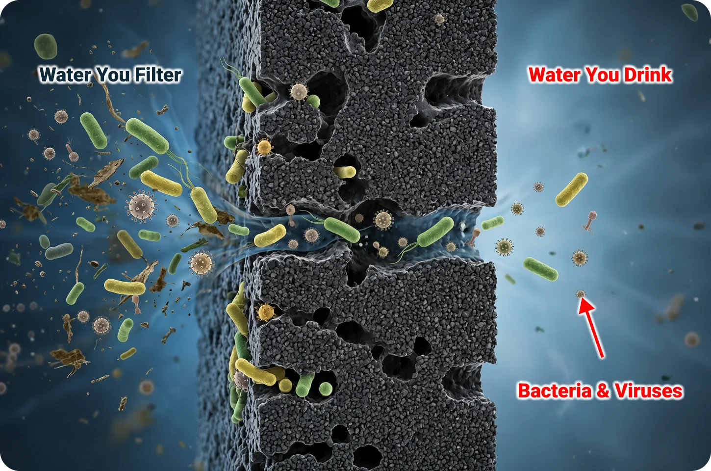 Cross-section of a carbon filter showing bacteria and viruses passing through into the water you drink