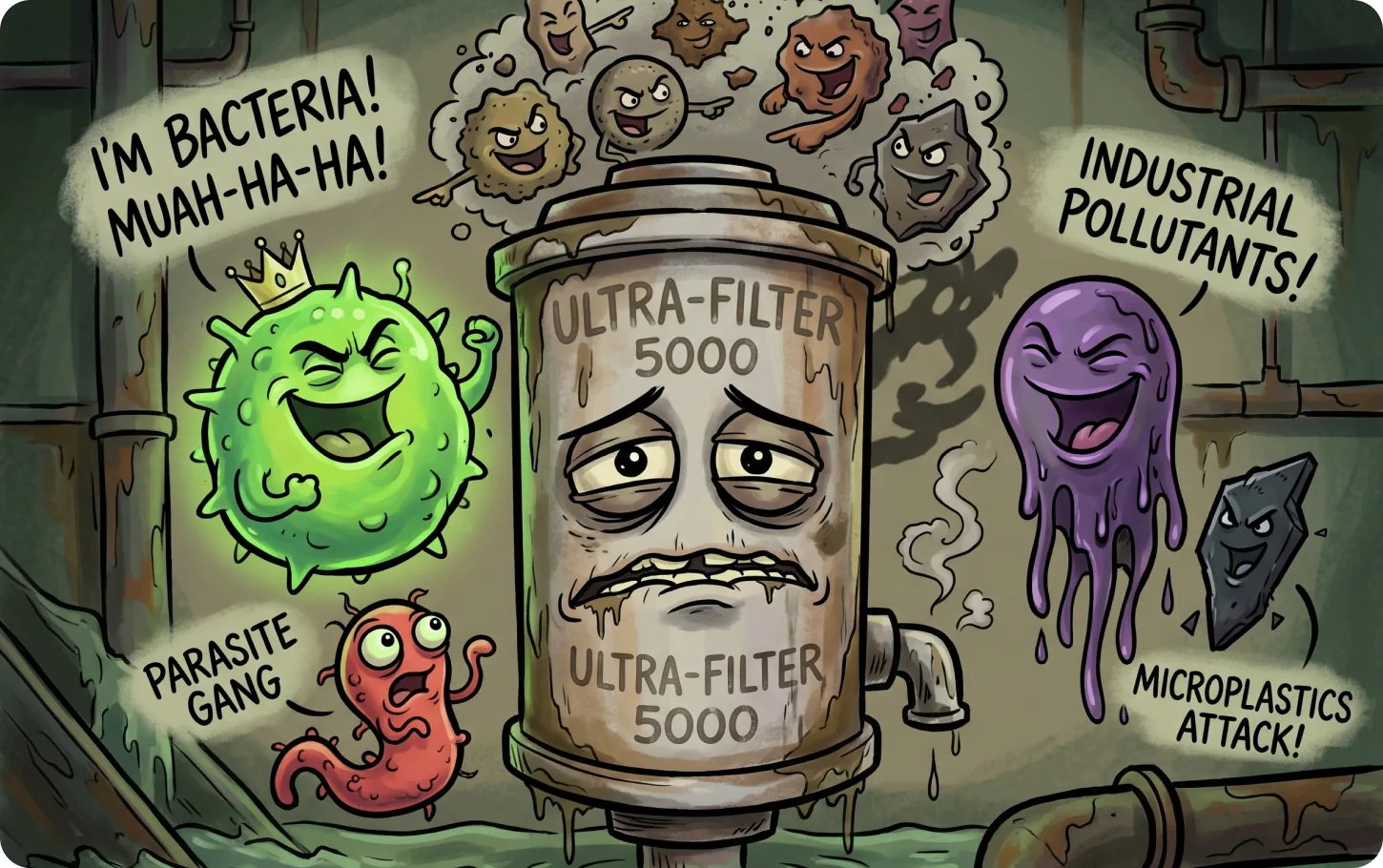 Cartoon bacteria, parasites and pollutants slipping straight past a worn-out water filter